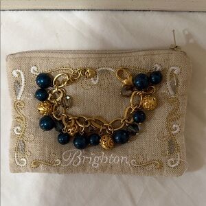 Brighton Beige Embroidered Cosmetic Pouch with Navy Bead Charm Bracelet